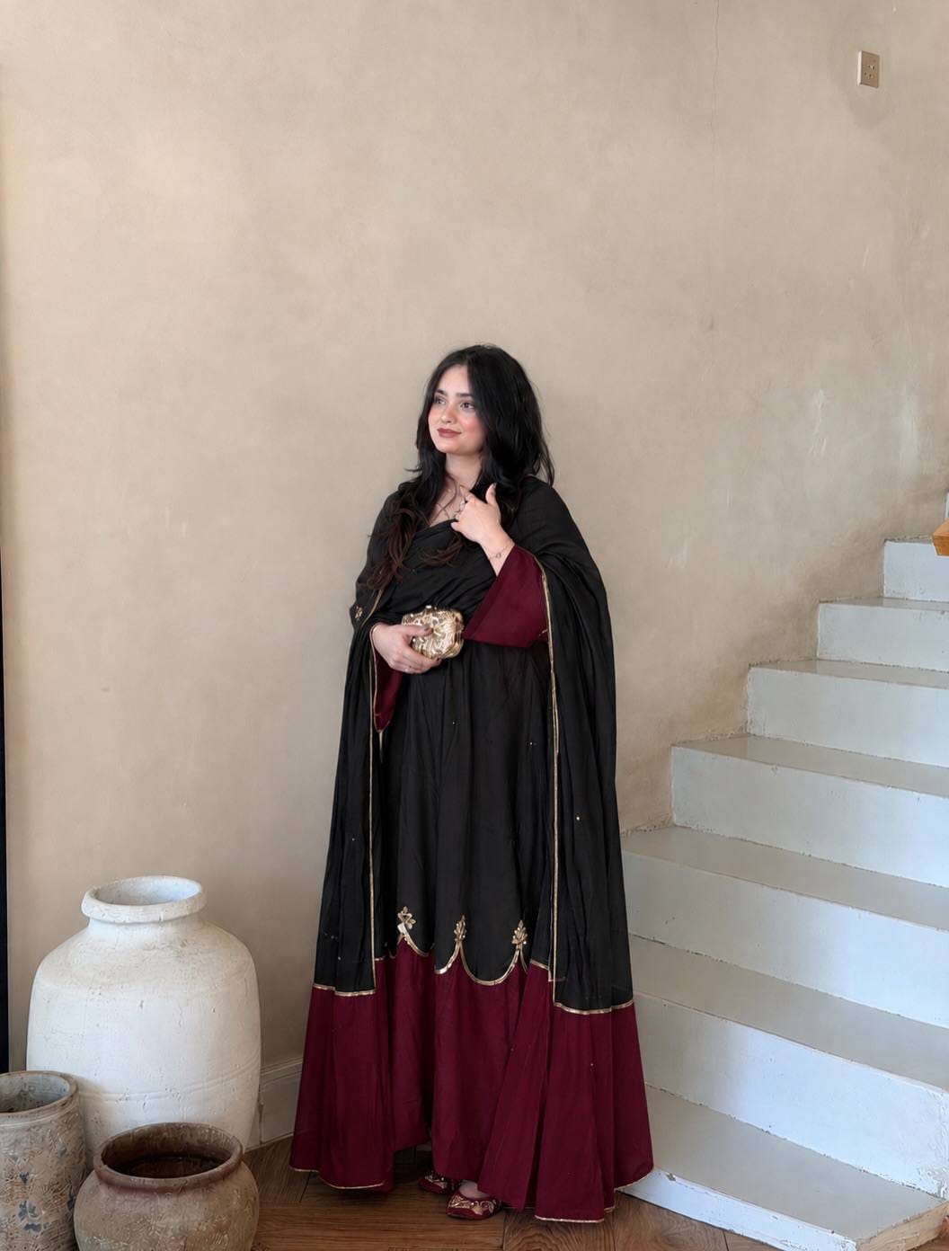 Designer Party Wear Look Pur Roman Silk Kaftan Dress & Palazzo With Dupatta set
