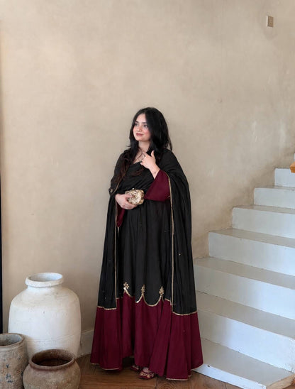 Designer Party Wear Look Pur Roman Silk Kaftan Dress & Palazzo With Dupatta set