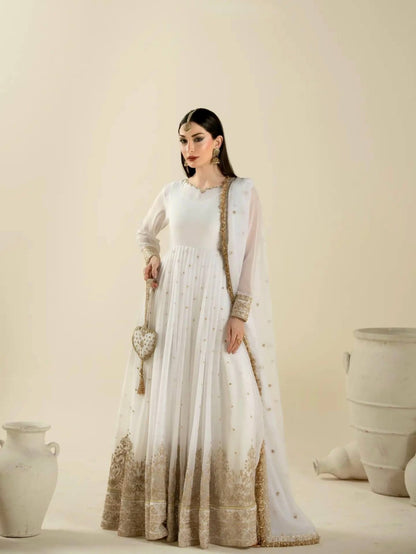 Party Wear Look Pur Foux Georgette Gown,Dupatta & Bottom Set