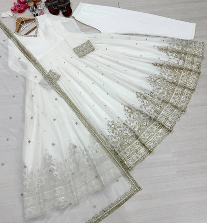 Party Wear Look Pur Foux Georgette Gown,Dupatta & Bottom Set