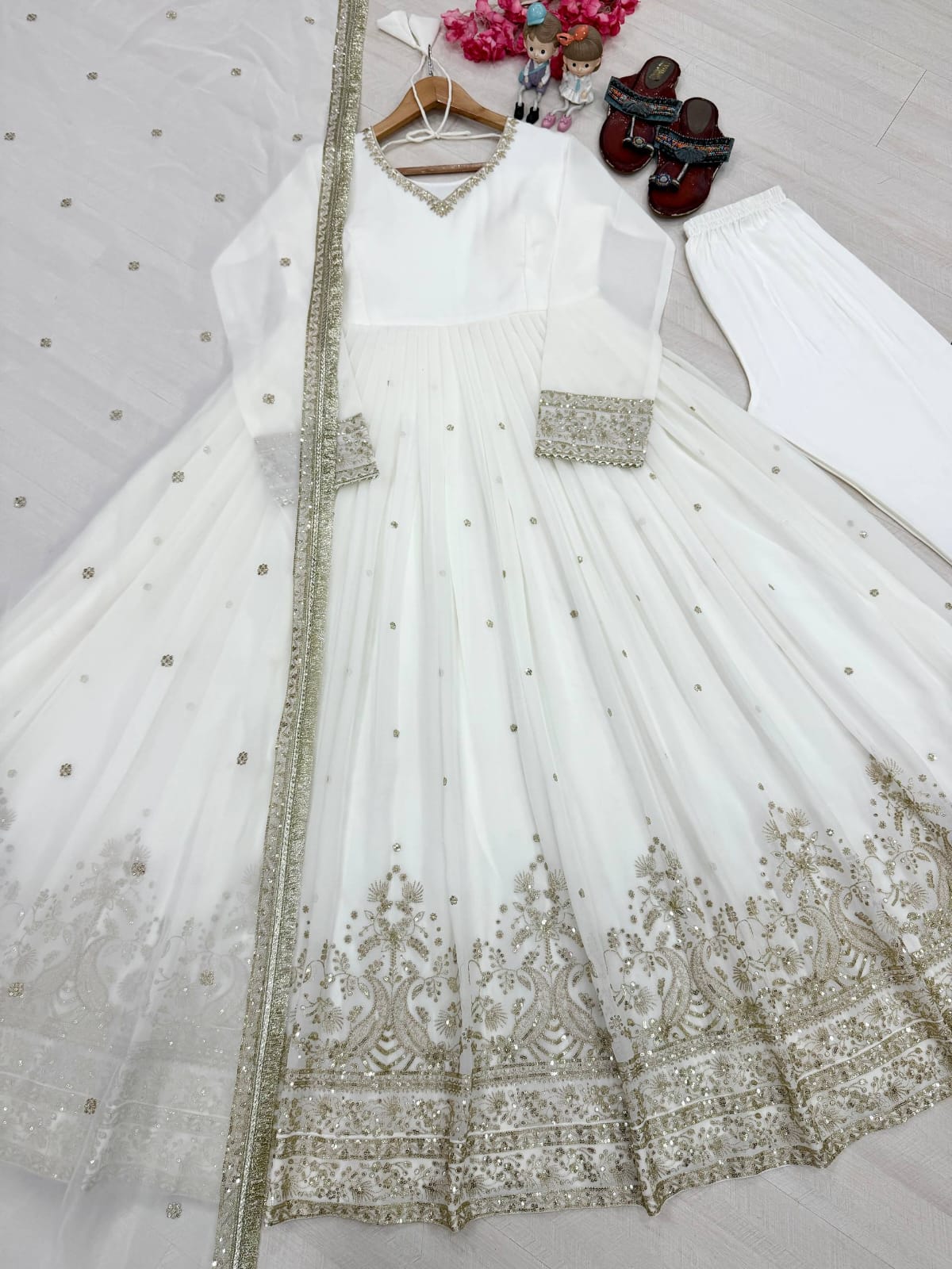 Party Wear Look Pur Foux Georgette Gown,Dupatta & Bottom Set