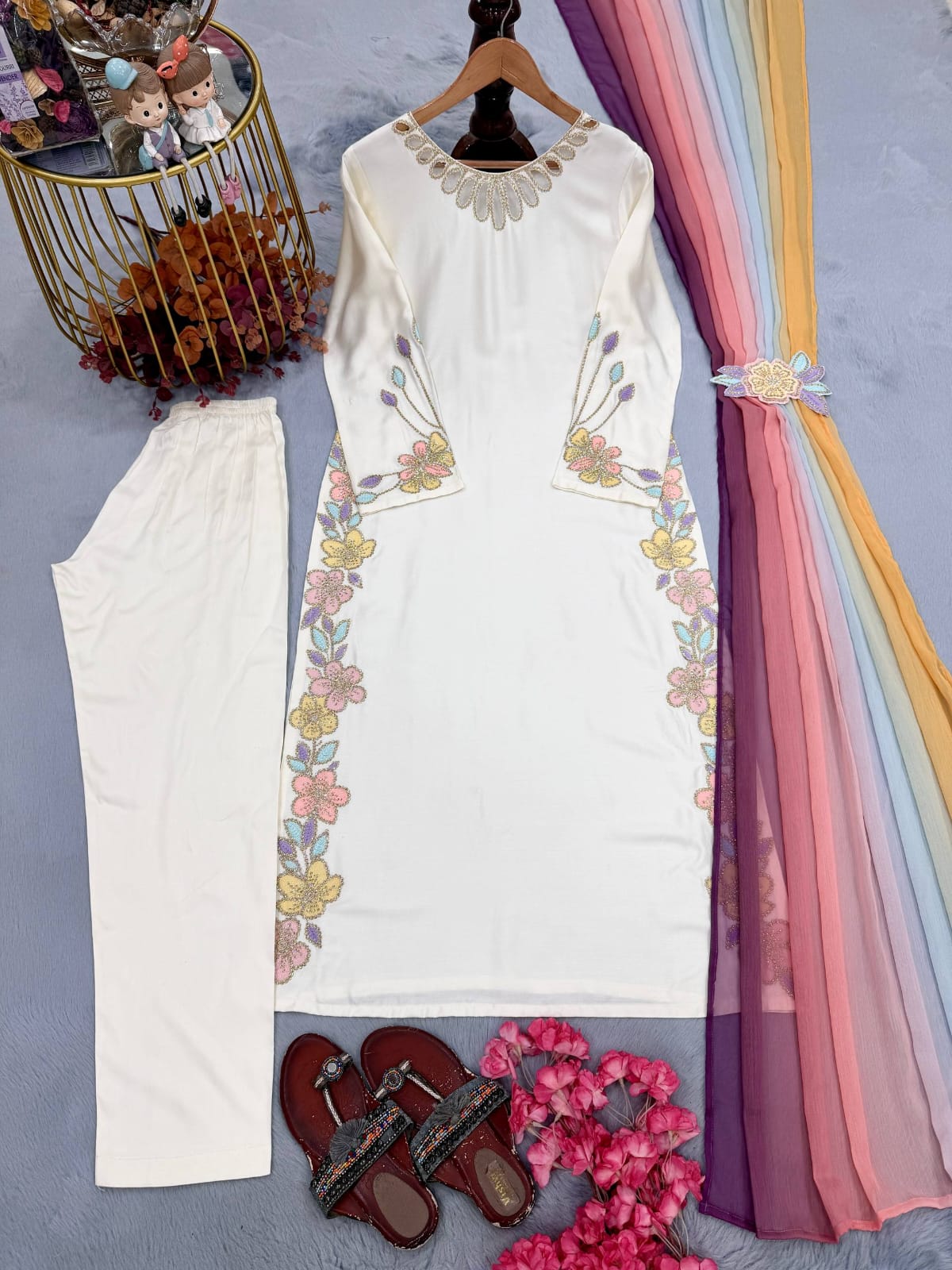 Designer Party Wear Look Pur Satin Rayon Over Size Long Kaftan & Bottom With Dupatta set