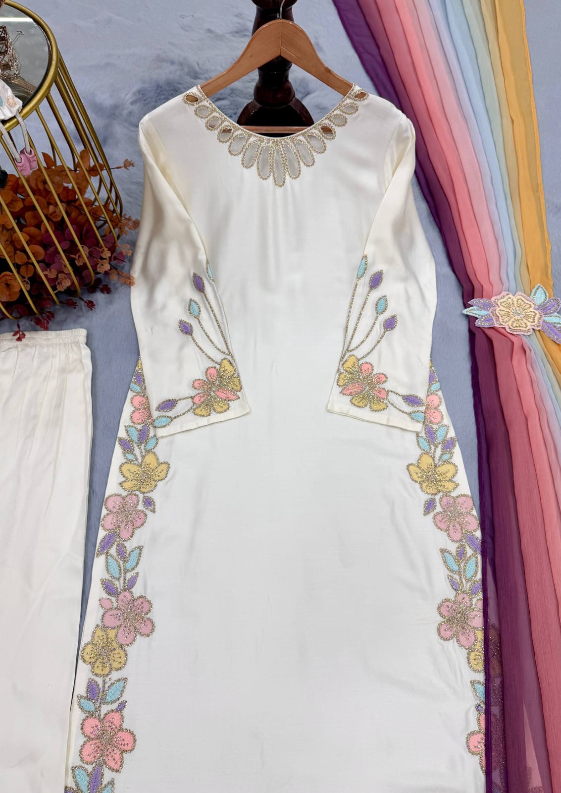 Designer Party Wear Look Pur Satin Rayon Over Size Long Kaftan & Bottom With Dupatta set