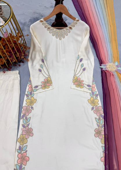 Designer Party Wear Look Pur Satin Rayon Over Size Long Kaftan & Bottom With Dupatta set