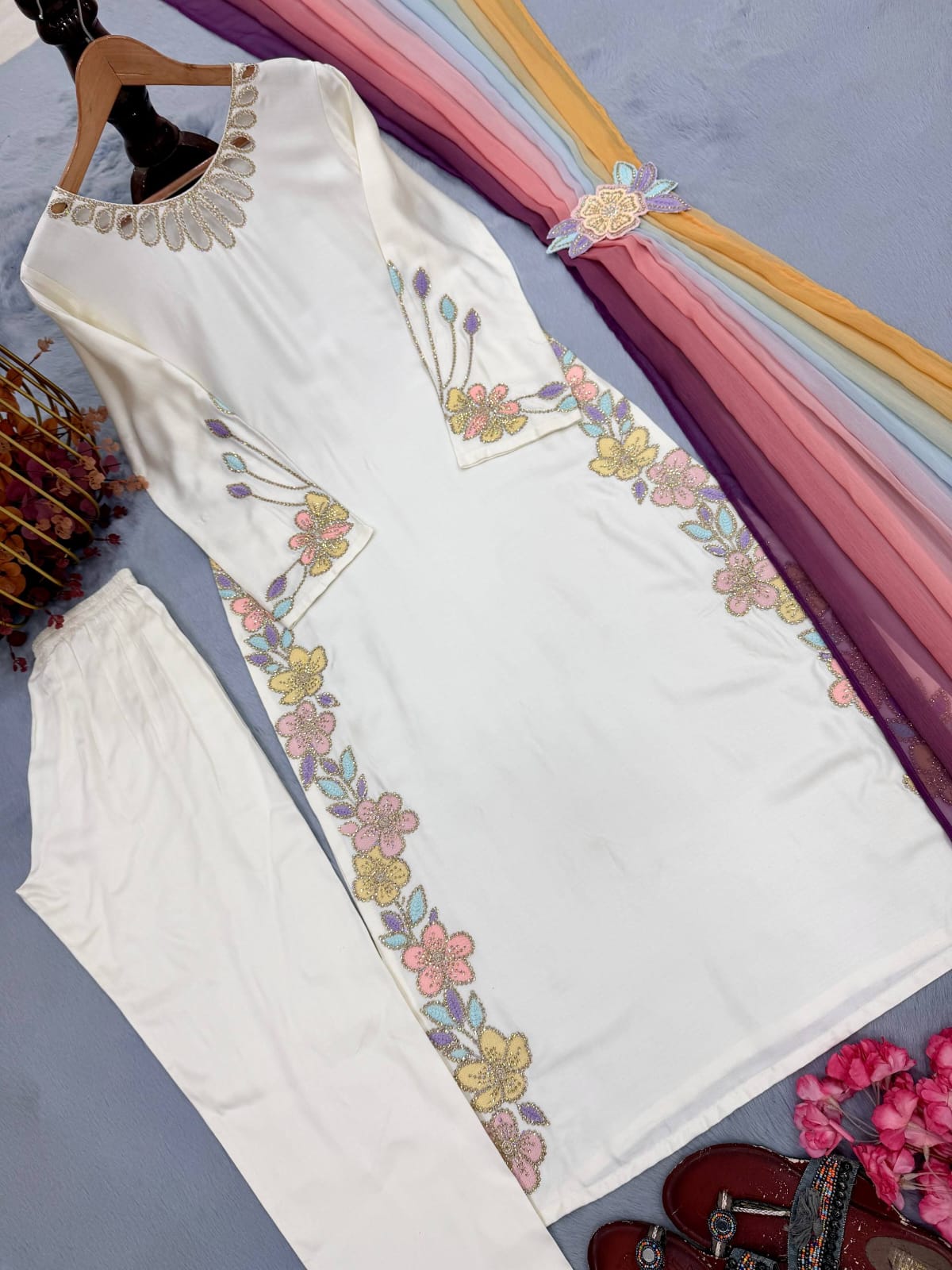 Designer Party Wear Look Pur Satin Rayon Over Size Long Kaftan & Bottom With Dupatta set