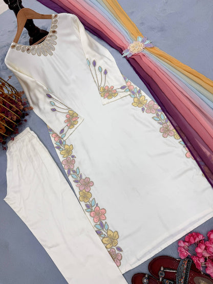 Designer Party Wear Look Pur Satin Rayon Over Size Long Kaftan & Bottom With Dupatta set