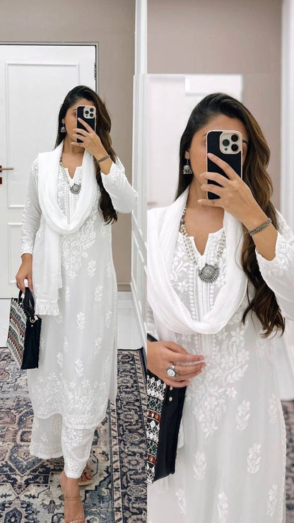 White Lucknowi Chikankari embroidery 3-piece kurta set