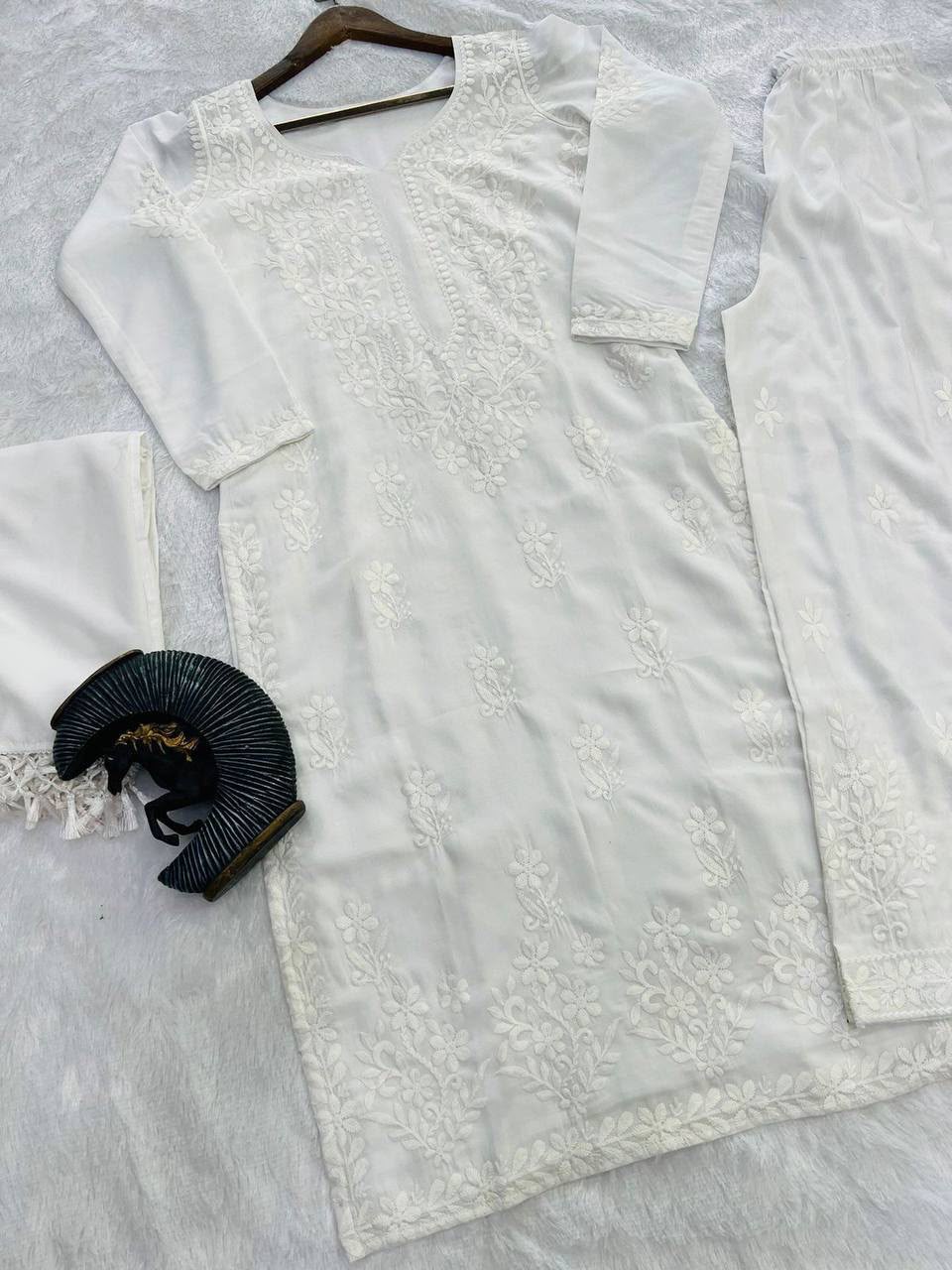 White Lucknowi Chikankari embroidery 3-piece kurta set