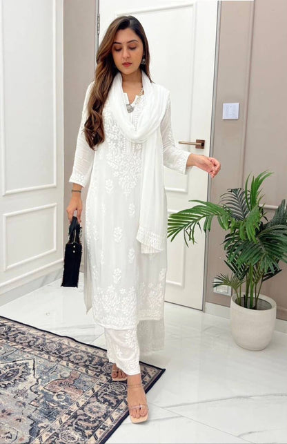 White Lucknowi Chikankari embroidery 3-piece kurta set