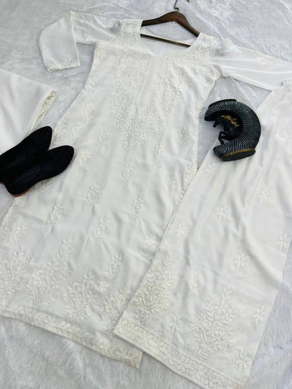 White Lucknowi Chikankari embroidery 3-piece kurta set