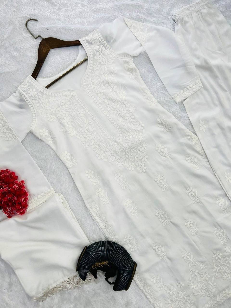 White Lucknowi Chikankari embroidery 3-piece kurta set
