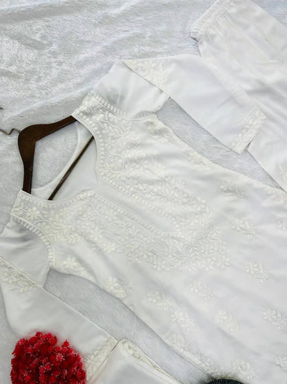 White Lucknowi Chikankari embroidery 3-piece kurta set