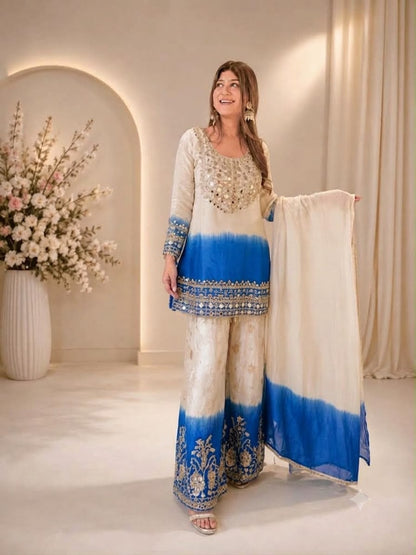 DESIGNER REAL MIRROR EMBROIDERED WORKED KURTI PLAZZO WITH DUPATTA