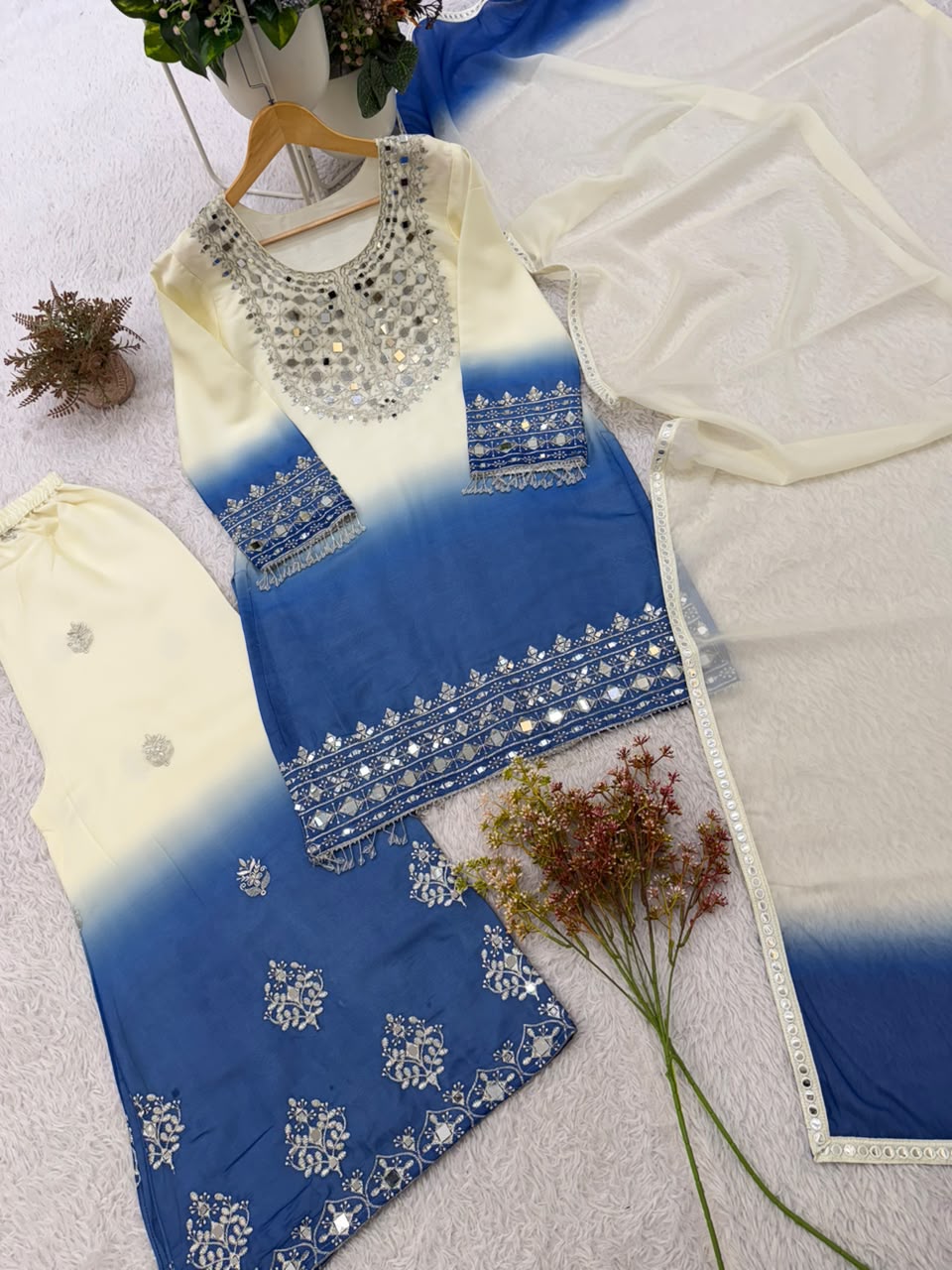 DESIGNER REAL MIRROR EMBROIDERED WORKED KURTI PLAZZO WITH DUPATTA
