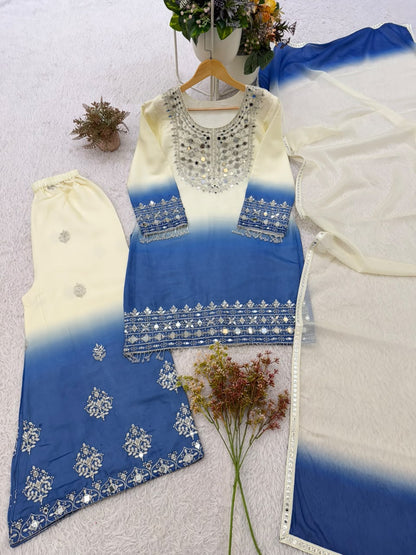 DESIGNER REAL MIRROR EMBROIDERED WORKED KURTI PLAZZO WITH DUPATTA
