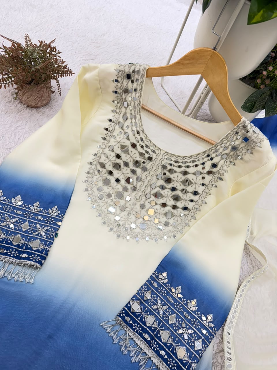 DESIGNER REAL MIRROR EMBROIDERED WORKED KURTI PLAZZO WITH DUPATTA