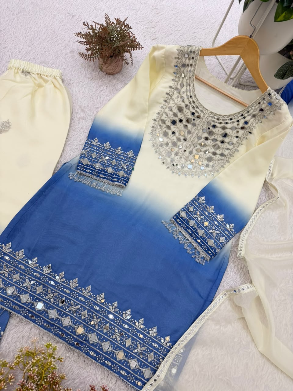 DESIGNER REAL MIRROR EMBROIDERED WORKED KURTI PLAZZO WITH DUPATTA