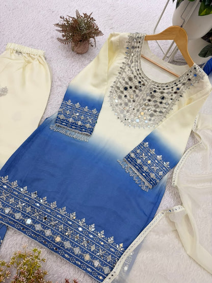 DESIGNER REAL MIRROR EMBROIDERED WORKED KURTI PLAZZO WITH DUPATTA