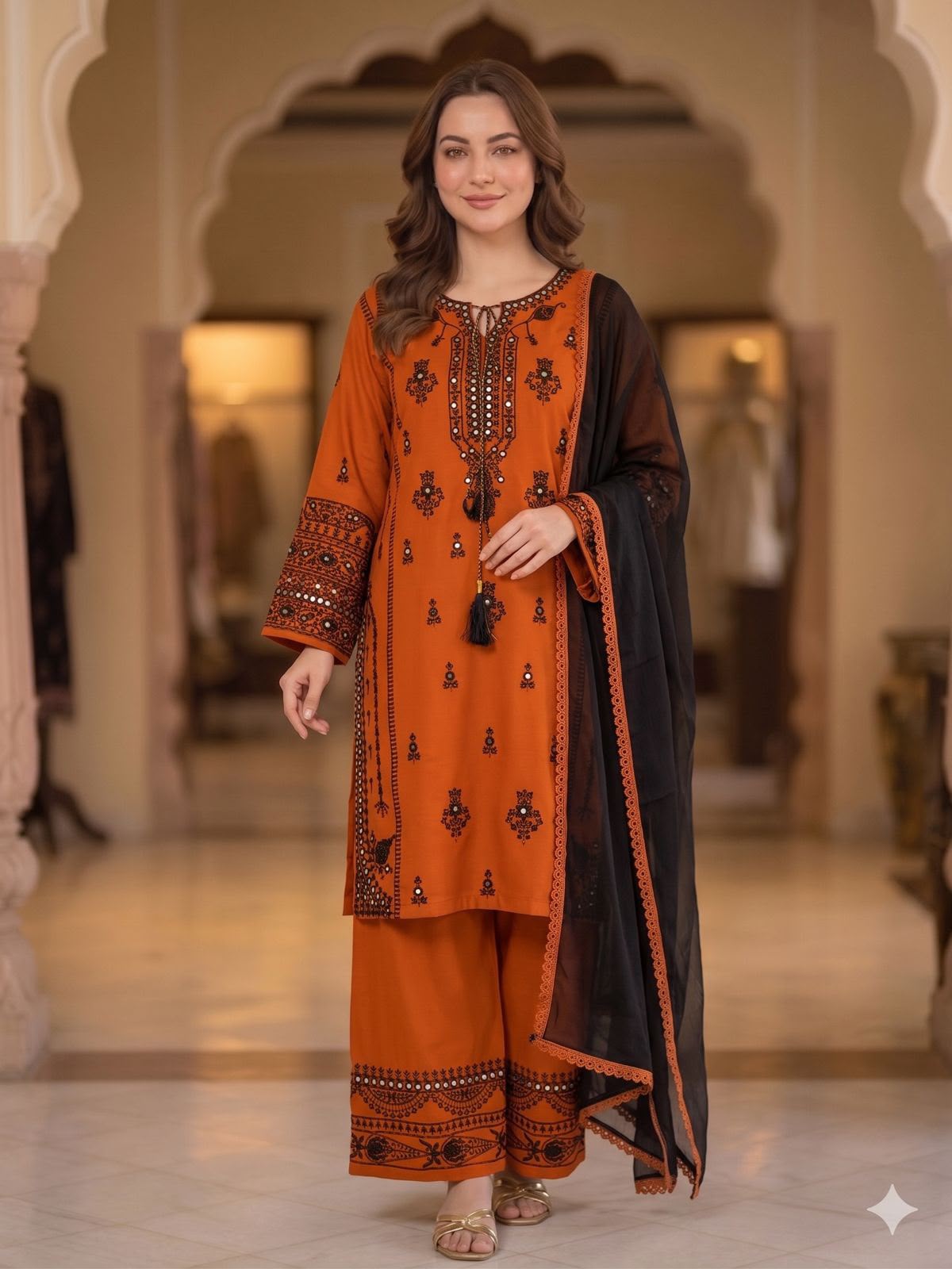 DESIGNER EMBROIDERY WORK WITH PAPERWORK MIRROR KURTI PLAZZO WITH DUPATTA