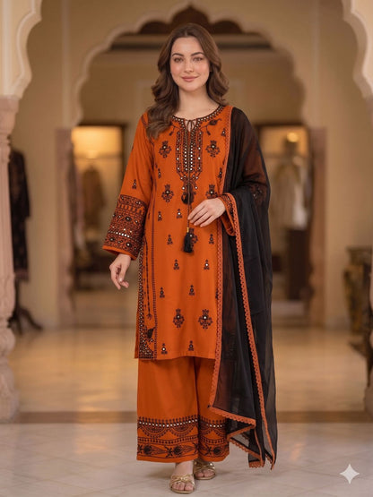 DESIGNER EMBROIDERY WORK WITH PAPERWORK MIRROR KURTI PLAZZO WITH DUPATTA