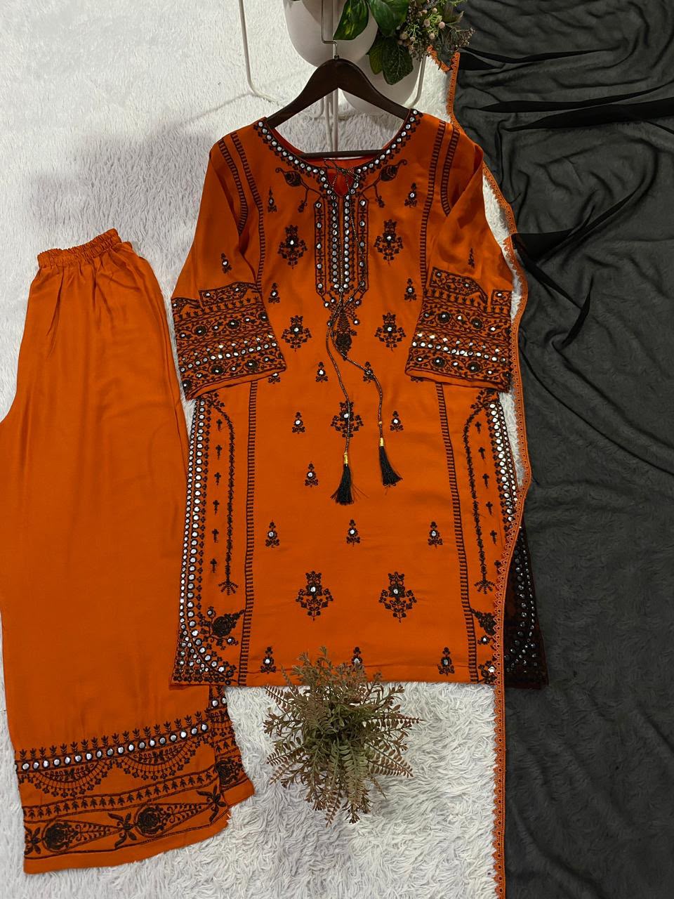 DESIGNER EMBROIDERY WORK WITH PAPERWORK MIRROR KURTI PLAZZO WITH DUPATTA