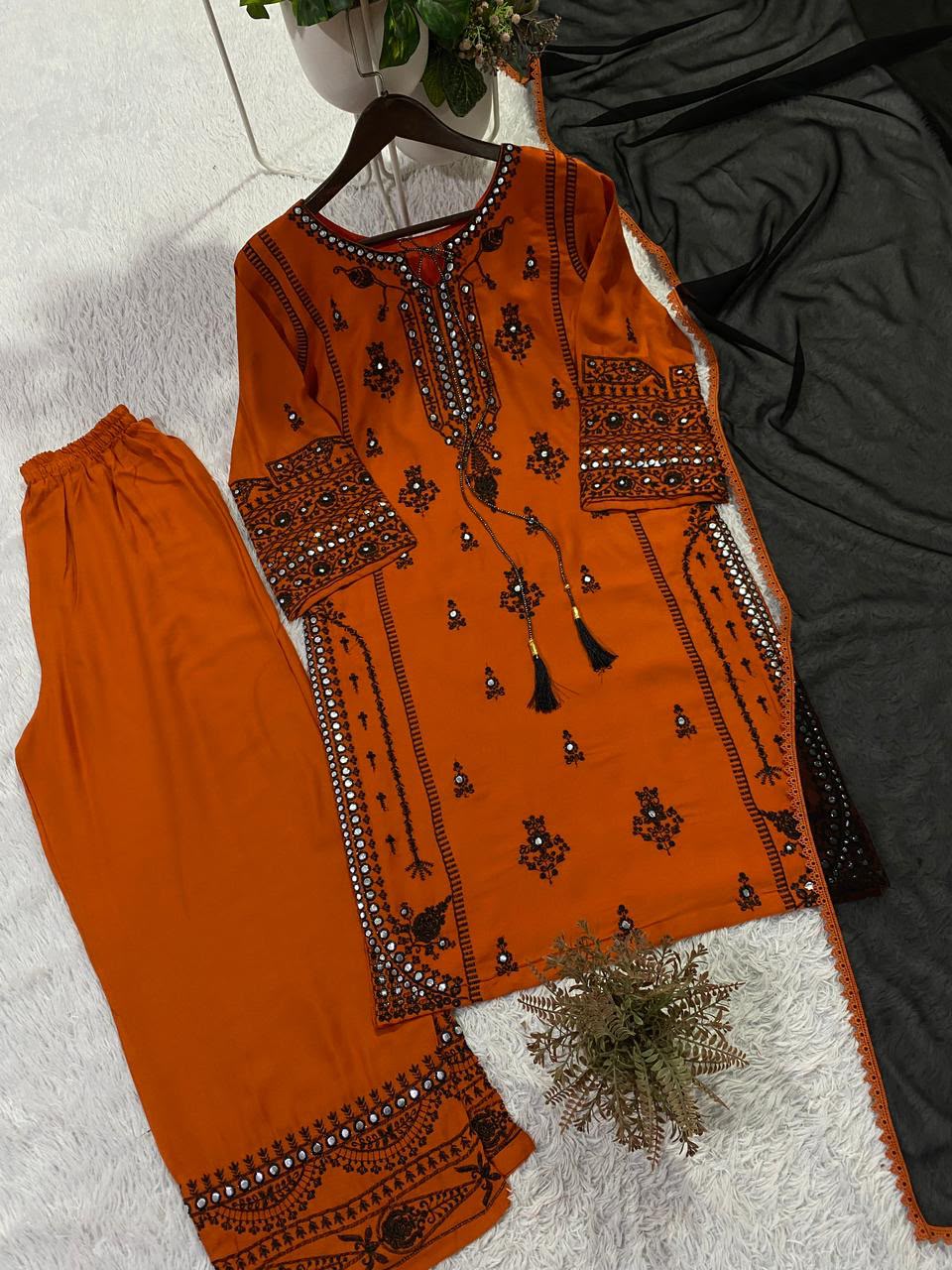 DESIGNER EMBROIDERY WORK WITH PAPERWORK MIRROR KURTI PLAZZO WITH DUPATTA