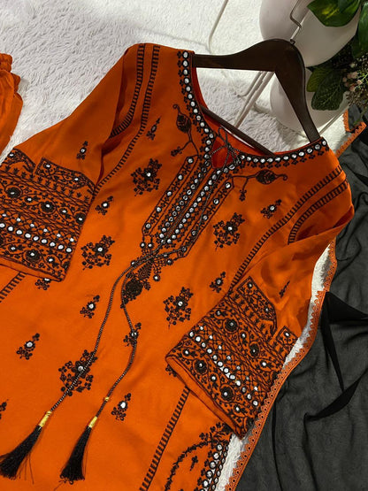 DESIGNER EMBROIDERY WORK WITH PAPERWORK MIRROR KURTI PLAZZO WITH DUPATTA