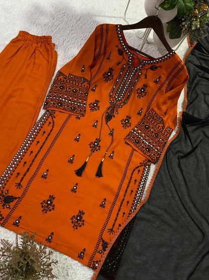DESIGNER EMBROIDERY WORK WITH PAPERWORK MIRROR KURTI PLAZZO WITH DUPATTA