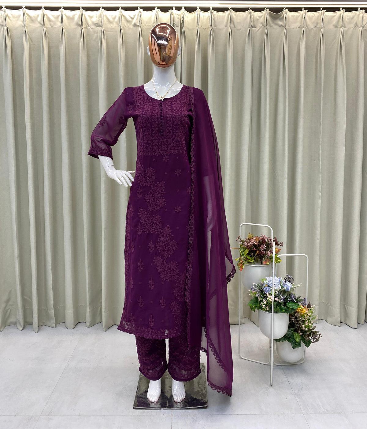 DESIGNER EXCLUSIVE GEORGETTE  EMBROIDERY WORK KURTI PANT WITH DUPATTA