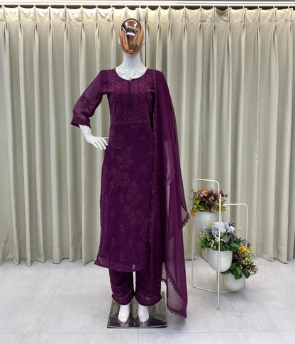 DESIGNER EXCLUSIVE GEORGETTE  EMBROIDERY WORK KURTI PANT WITH DUPATTA