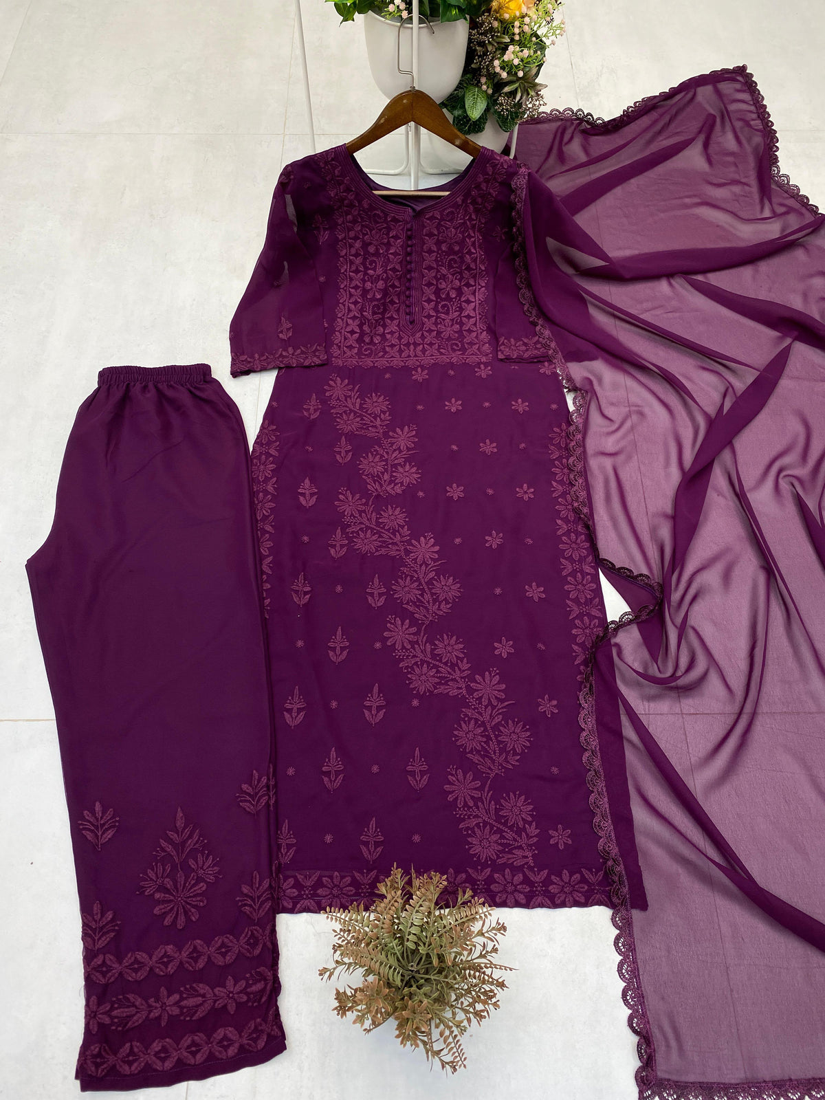 DESIGNER EXCLUSIVE GEORGETTE  EMBROIDERY WORK KURTI PANT WITH DUPATTA