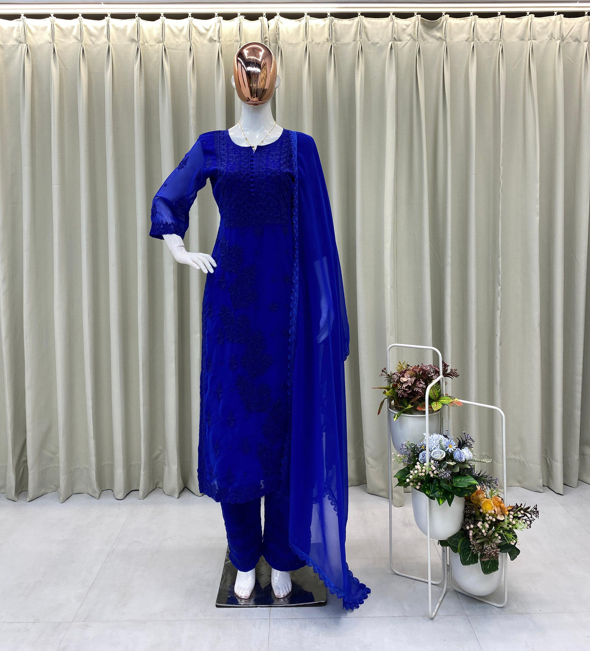 DESIGNER EXCLUSIVE GEORGETTE  EMBROIDERY WORK KURTI PANT WITH DUPATTA