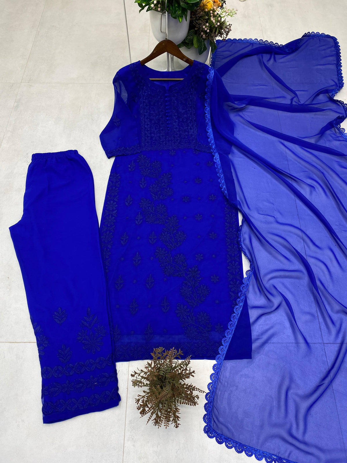 DESIGNER EXCLUSIVE GEORGETTE  EMBROIDERY WORK KURTI PANT WITH DUPATTA