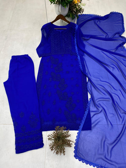 DESIGNER EXCLUSIVE GEORGETTE  EMBROIDERY WORK KURTI PANT WITH DUPATTA