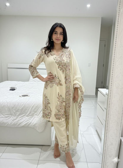 Beige Color Fendy Silk Designer Party Wear Kurti Plazzo With Dupatta