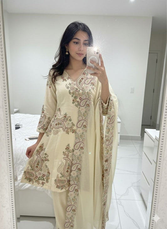 Beige Color Fendy Silk Designer Party Wear Kurti Plazzo With Dupatta
