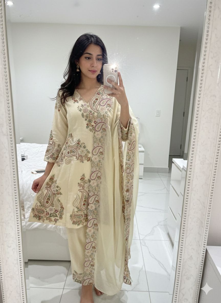 Beige Color Fendy Silk Designer Party Wear Kurti Plazzo With Dupatta