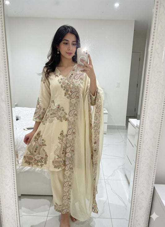 Beige Color Fendy Silk Designer Party Wear Kurti Plazzo With Dupatta