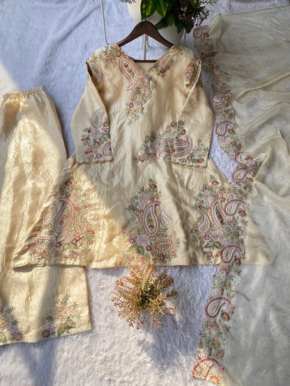 Beige Color Fendy Silk Designer Party Wear Kurti Plazzo With Dupatta