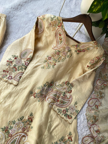 Beige Color Fendy Silk Designer Party Wear Kurti Plazzo With Dupatta