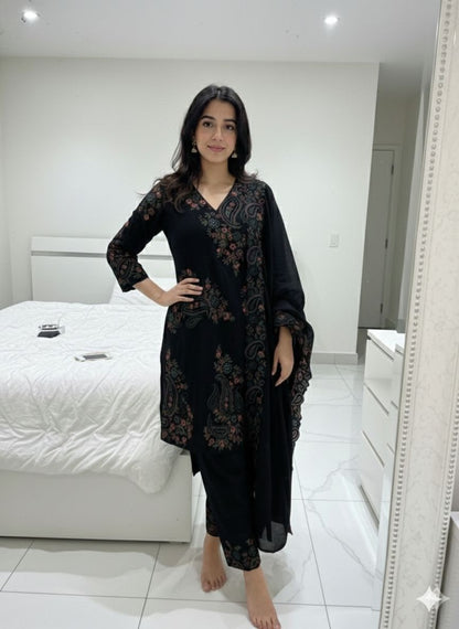 Black Color Fendy Silk Designer Party Wear Kurti Plazzo With Dupatta