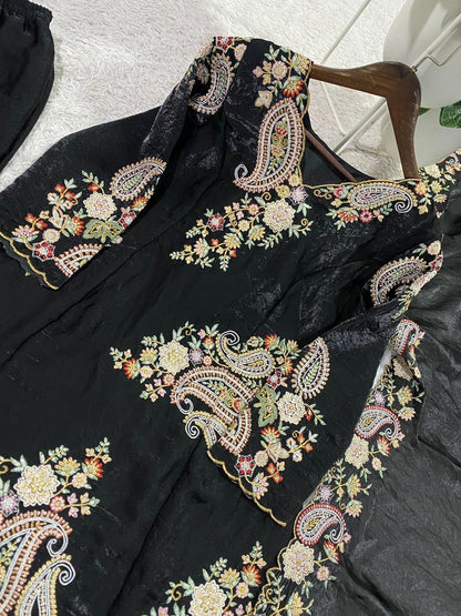 Black Color Fendy Silk Designer Party Wear Kurti Plazzo With Dupatta