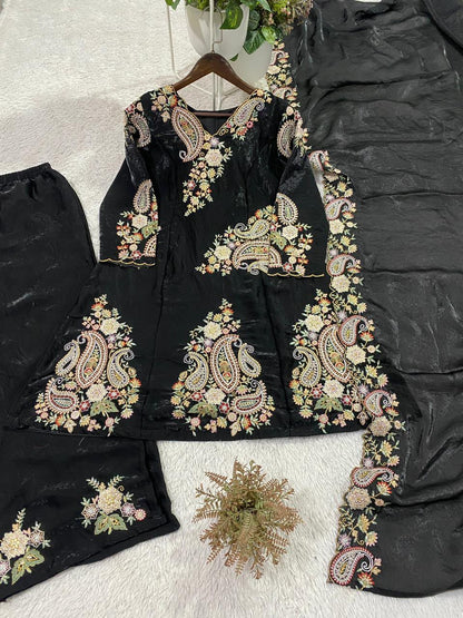 Black Color Fendy Silk Designer Party Wear Kurti Plazzo With Dupatta