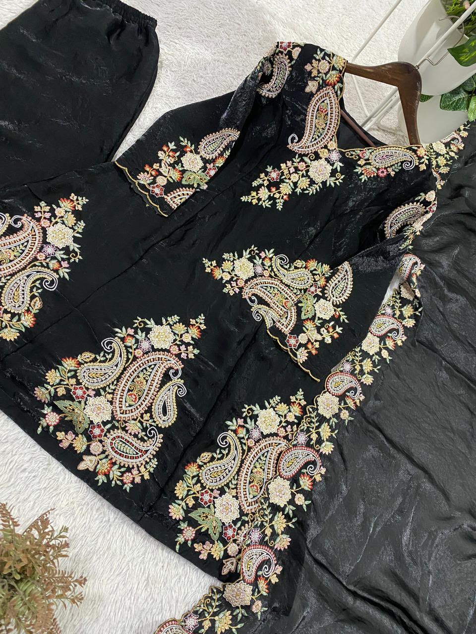 Black Color Fendy Silk Designer Party Wear Kurti Plazzo With Dupatta