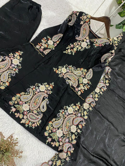 Black Color Fendy Silk Designer Party Wear Kurti Plazzo With Dupatta