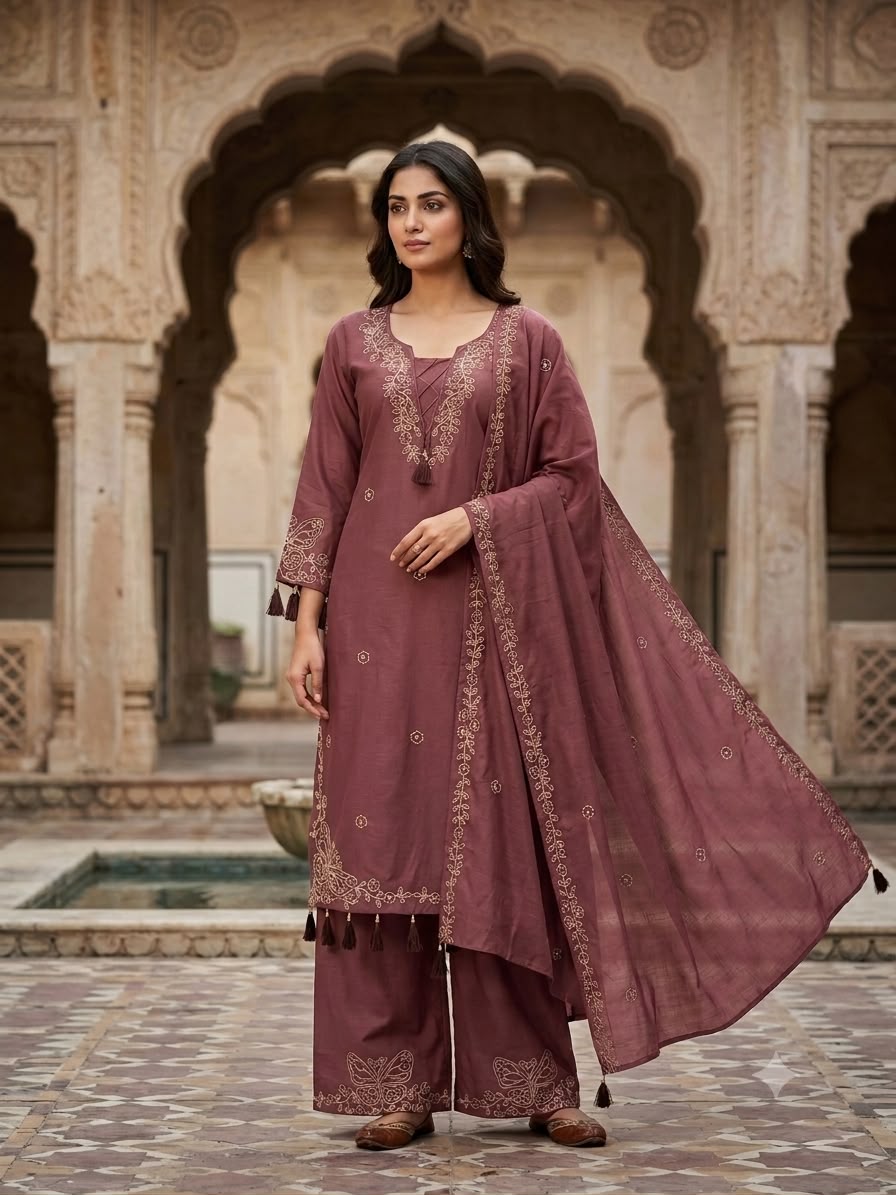 DESIGNER MIRROR EMBROIDERED WORKED KURTI PANT  WITH DUPATTA