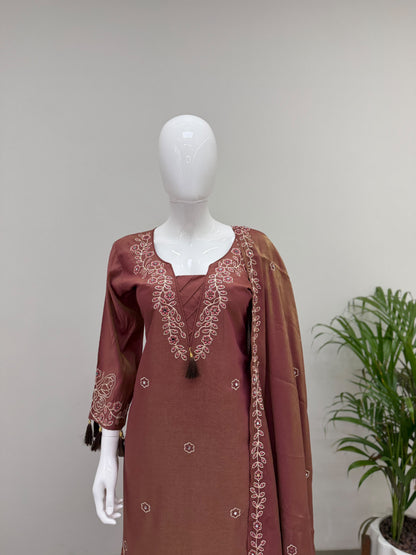 DESIGNER MIRROR EMBROIDERED WORKED KURTI PANT  WITH DUPATTA
