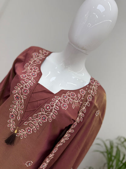 DESIGNER MIRROR EMBROIDERED WORKED KURTI PANT  WITH DUPATTA