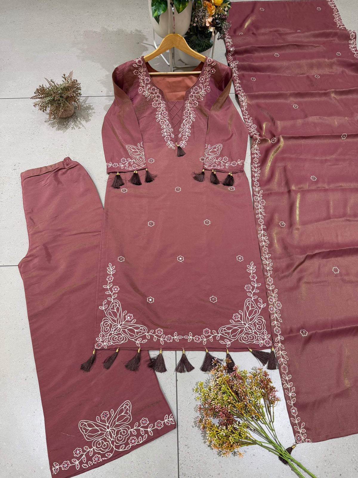 DESIGNER MIRROR EMBROIDERED WORKED KURTI PANT  WITH DUPATTA