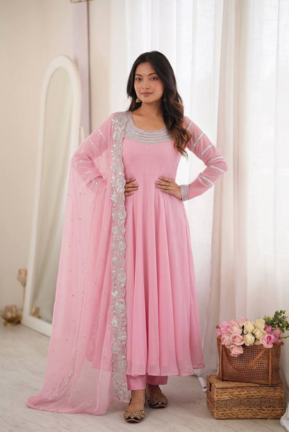 Light Pink Fox Georgette Designer Anarkali Gown Pant with Dupatta